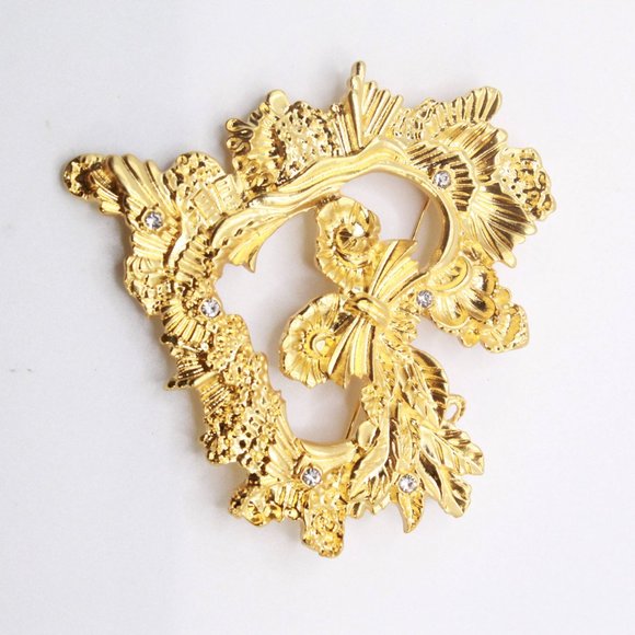 HIGH END GOLD PLATE FRENCH COUTURE HEART LARGE BROOCH - Picture 2 of 8